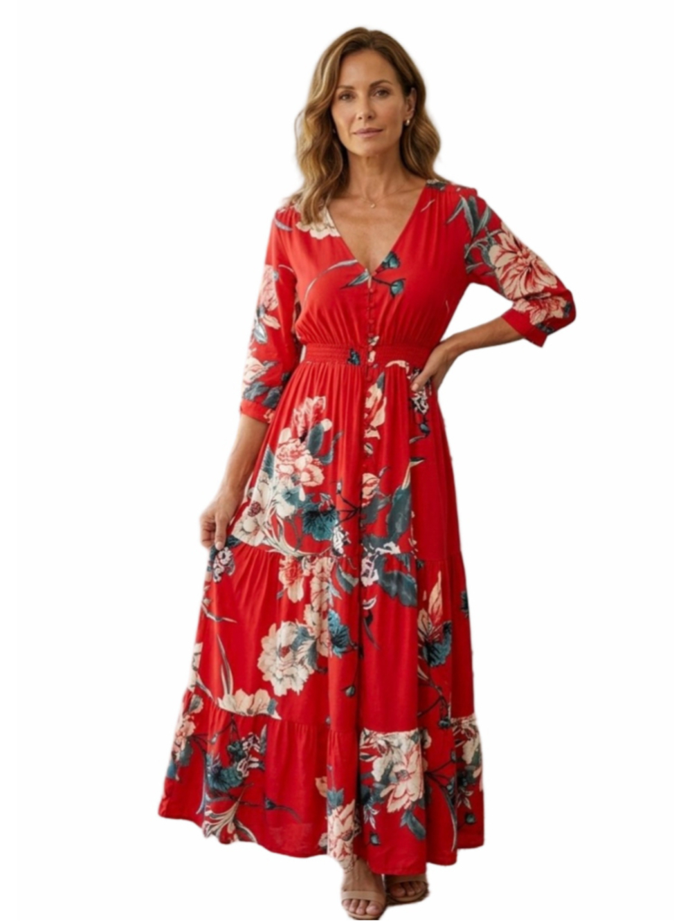Women's Janse Floral Maxi Dress Red White Size XS. Resortwear, vacation 1984